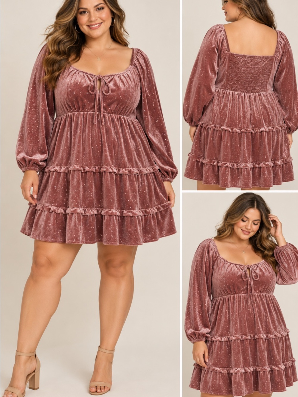 NWOT ARULA Sz B (2X) Plus Velvet Tiered Mini Dress - Dusty Rose